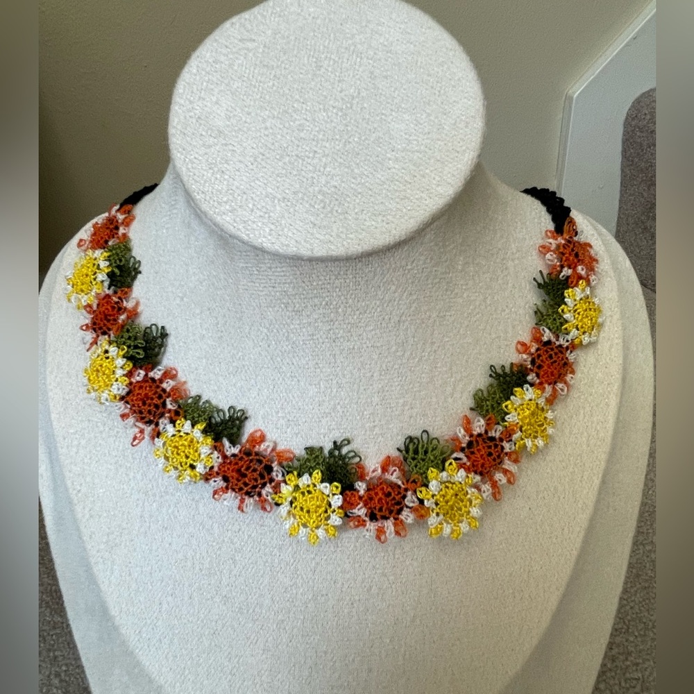 Dainty Crochet Yellow, Orange Flower Choker Necklace, Needle Lace Necklace